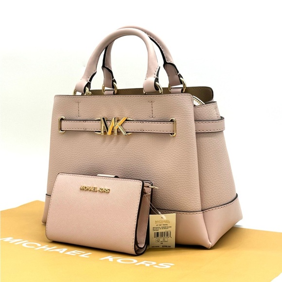 Michael Kors Reed Extra-Small Pebbled Leather Satchel in  Michael Kors Reed Small Satchel Crossbody Bag & MD Bifold Zip Chain Wallet Pink